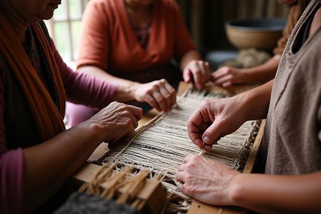 Artisans working collaboratively on intricate textile weaving.